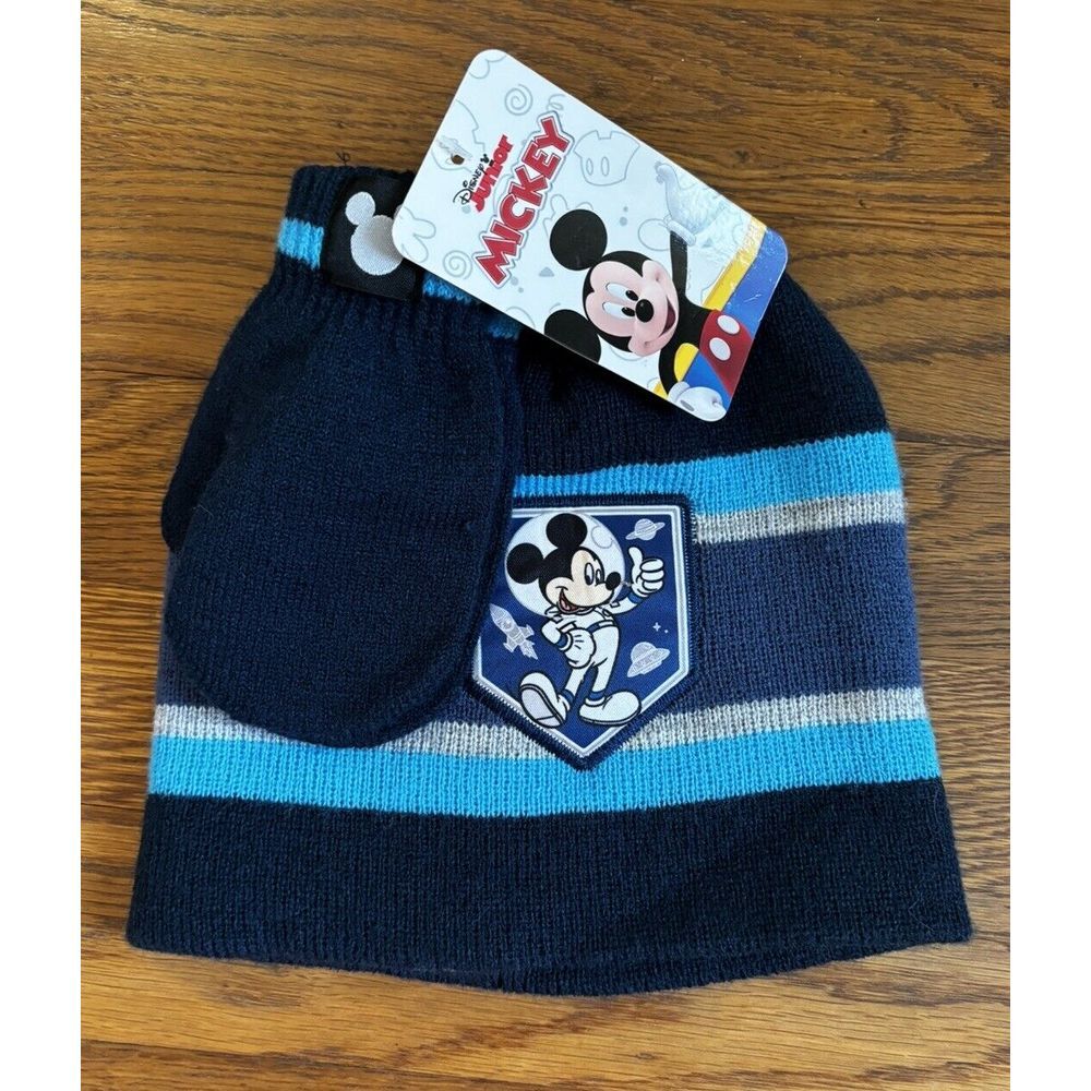NWT Mickey Mouse Disney Junior Astronaut Space Kids Winter Beanie Cap Mitten Set